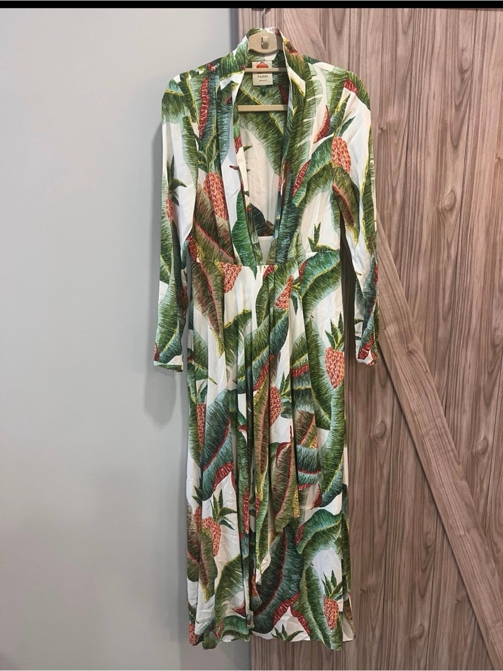 Farm Rio Forest Palm Maxi Dress Tropical Long Sleeve Deep V-Neck Flowy Size S